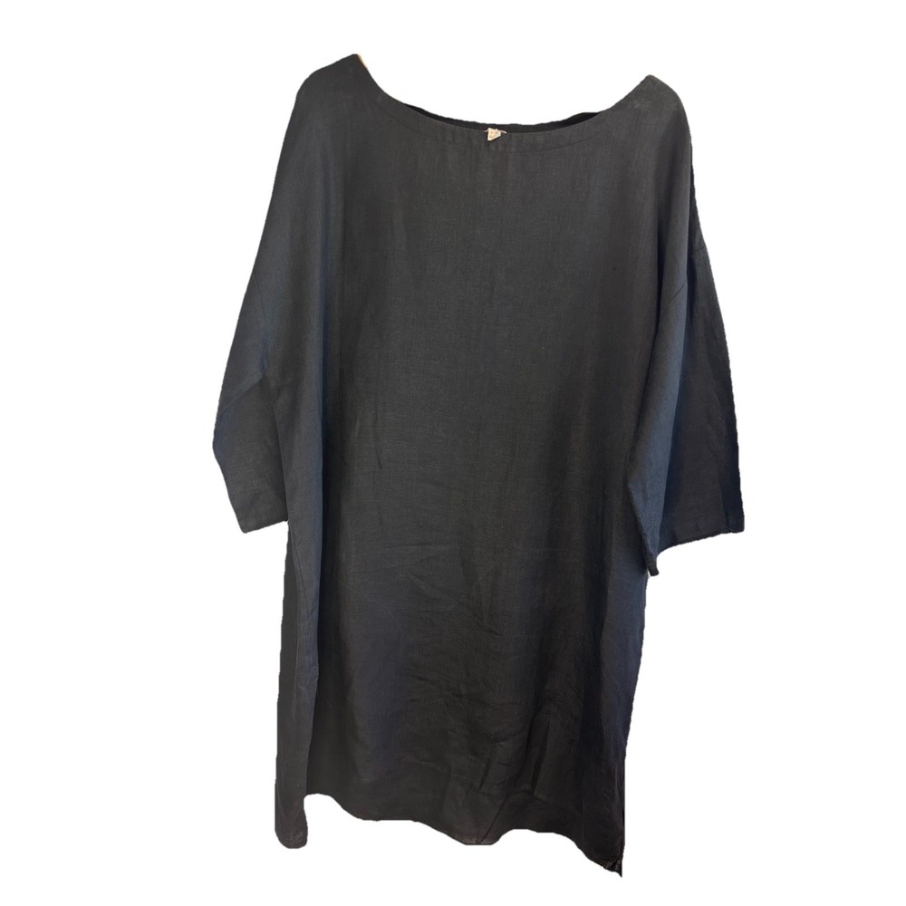 Eileen Fisher Organic Linen Dress Bateau Neck Black Boxy 3/4 Sleeve Boho Beach